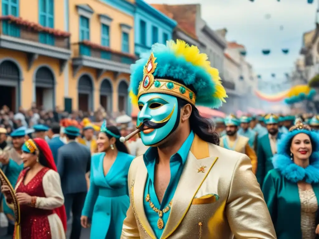 Pintura acuarela del Carnaval en Uruguay: alegría y colorido Evolución artística del Carnaval Uruguayo: colorido desfile de Carnaval en Uruguay con música y disfraces