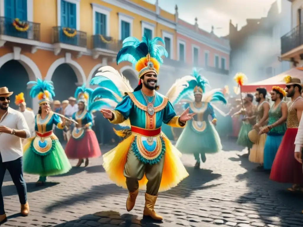 Murga colorida desfila en Uruguay: pintura acuarela Fusión artística en cortometrajes uruguayos: vibrante escena de carnaval con murga colorida desfilando por calles empedradas