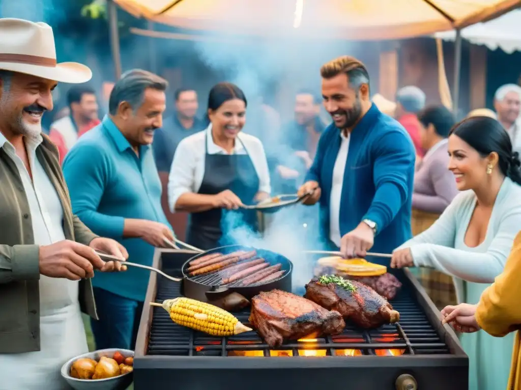 Pintura acuarela detallada de un asado argentino durante Carnaval Celebración del asado en Carnaval: pintura acuarela detallada de reunión festiva alrededor de parrilla con carne sizzling