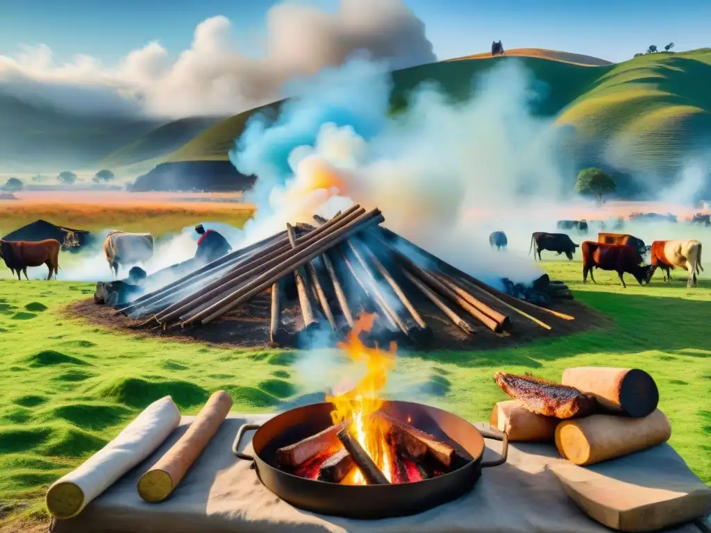 Pintura acuarela detallada: Asado con cuero uruguayo Un asado con cuero tradicional uruguayo: escena campestre con fuego, carne y personas riendo, bajo un cielo azul