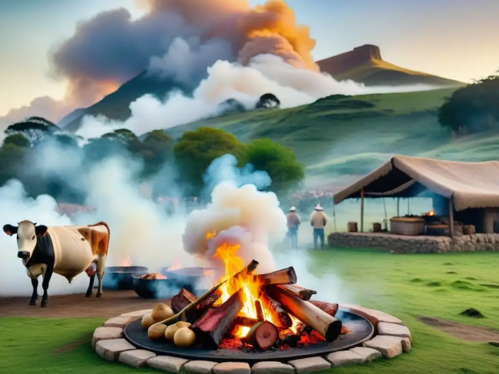 Pintura detallada: Asado con cuero uruguayo tradicional Un asado con cuero tradicional uruguayo: gauchos cocinan una vaca entera sobre fuego al aire libre
