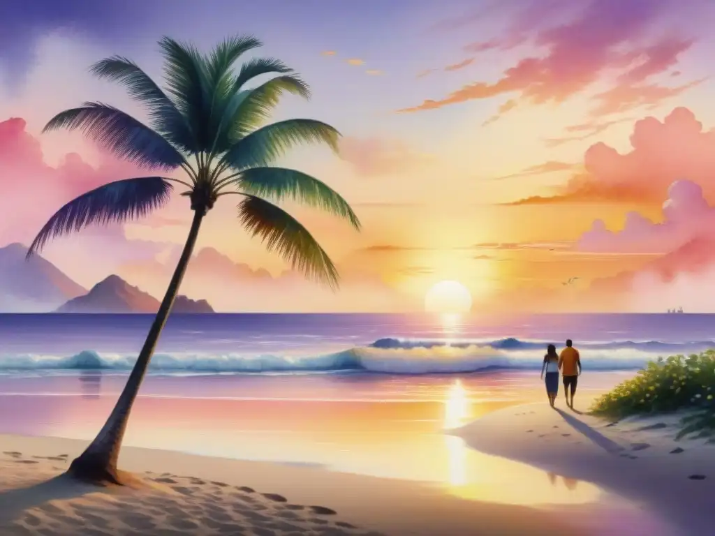 Pintura acuarela de atardecer tropical en la playa Un atardecer tropical en la playa: la calma del mar, palmeras y figuras al caminar