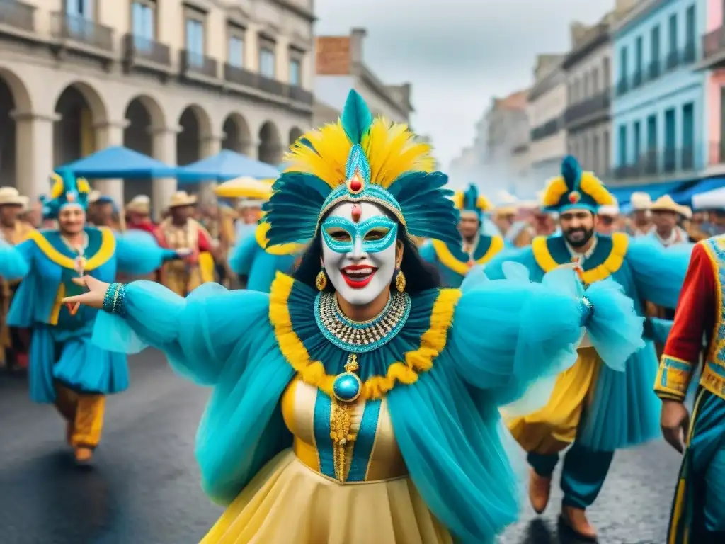 Vibrante Carnaval en Uruguay: Detalles y alegría Fidelización de audiencia en vibrante Carnaval Uruguayo, con detallada pintura de desfile colorido y alegre