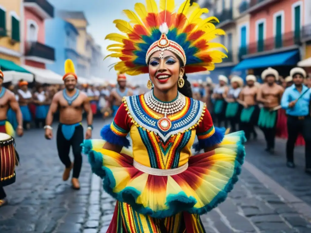 Bailarín de Candombe en Carnaval Uruguayo Un bailarín de Candombe en traje vibrante desfila con determinación y alegría en el Carnaval de Uruguay
