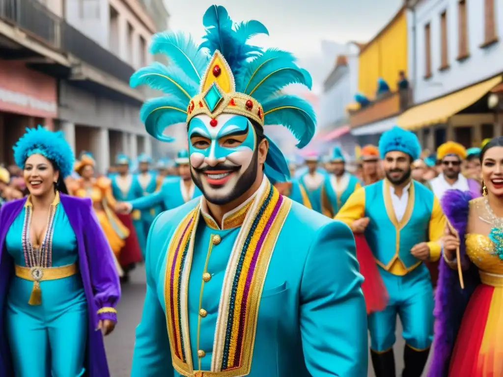 Desfile vibrante del Carnaval en Uruguay Branding emocional en Carnaval Uruguayo: Desfile vibrante con floats coloridos y bailarines en trajes tradicionales