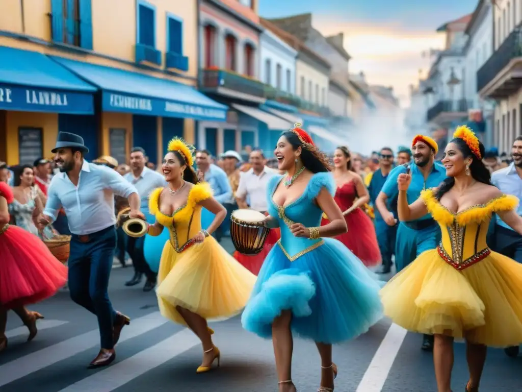 Carnaval en Uruguay: Calles vibrantes y coloridas Branding emocional en Carnaval Uruguayo: Colorida escena callejera con danzarines y músicos durante el animado Carnaval en Uruguay