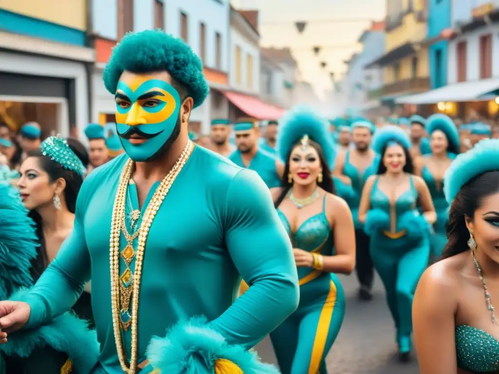 Deslumbrante Carnaval en Uruguay: pintura acuarela Brillante Carnaval en Uruguay con desfile de carros alegóricos, bailarines y una multitud animada en las calles