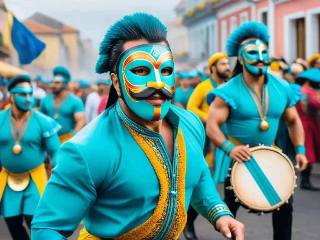 Desfile de Carnaval en Uruguay: color y alegría en acuarela Brillante Carnaval en Uruguay: máscaras coloridas, trajes intrincados y tambores enérgicos, rodeados de una multitud animada