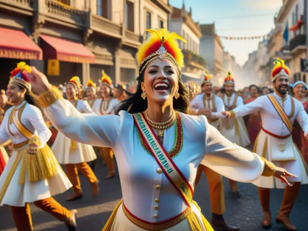 Deslumbrante Carnaval en Uruguay al atardecer Brillante Carnaval Uruguayo destinos culturales en acuarela: coloridos bailarines, música alegre y edificios históricos al atardecer