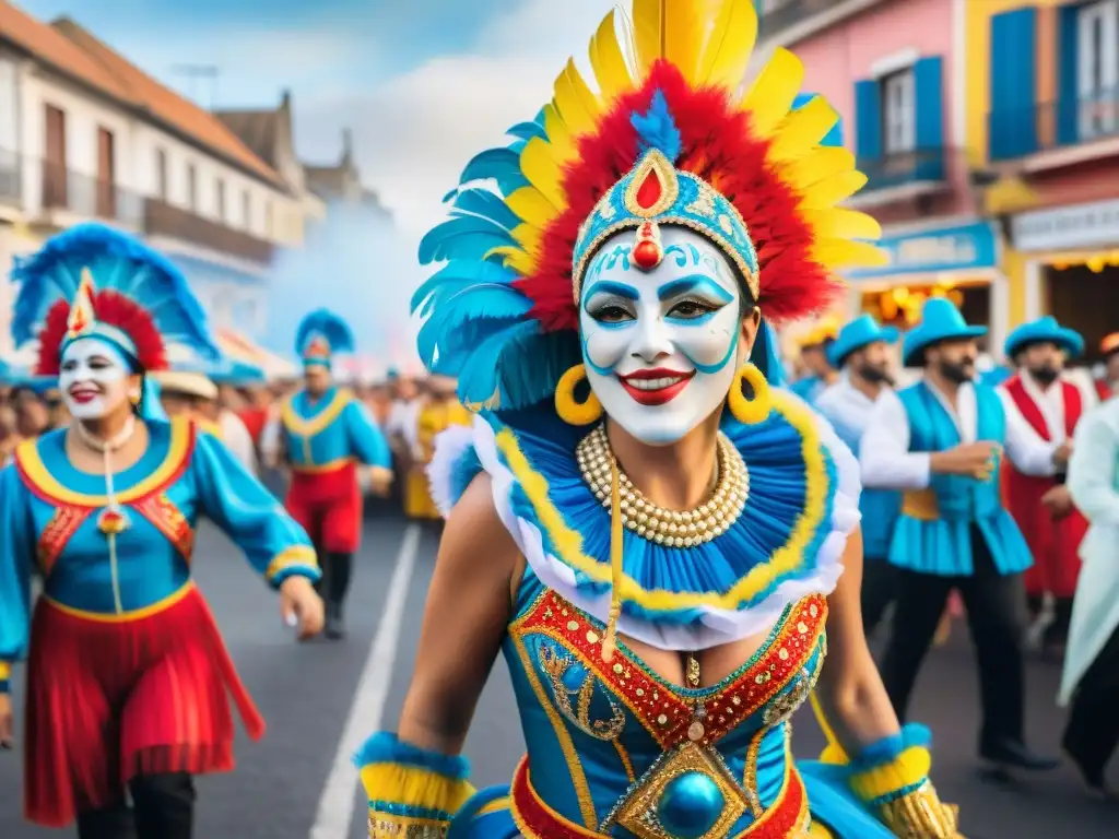 Deslumbrante desfile de carnaval uruguayo Brillante desfile de Carnaval Uruguayo con coloridos trajes y música tradicional, reflejando la Diplomacia cultural Carnaval Uruguayo
