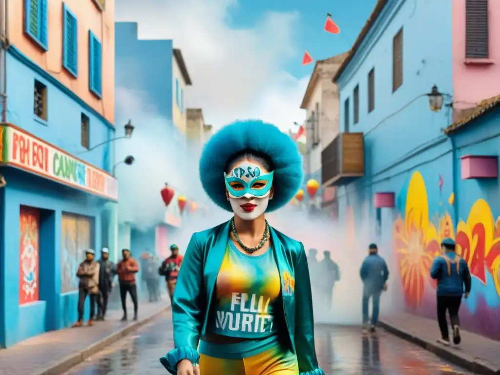 Carnaval uruguayo: arte callejero y colorida celebración Bulliciosa calle uruguaya del Carnaval con Tags arte callejero carnavalero