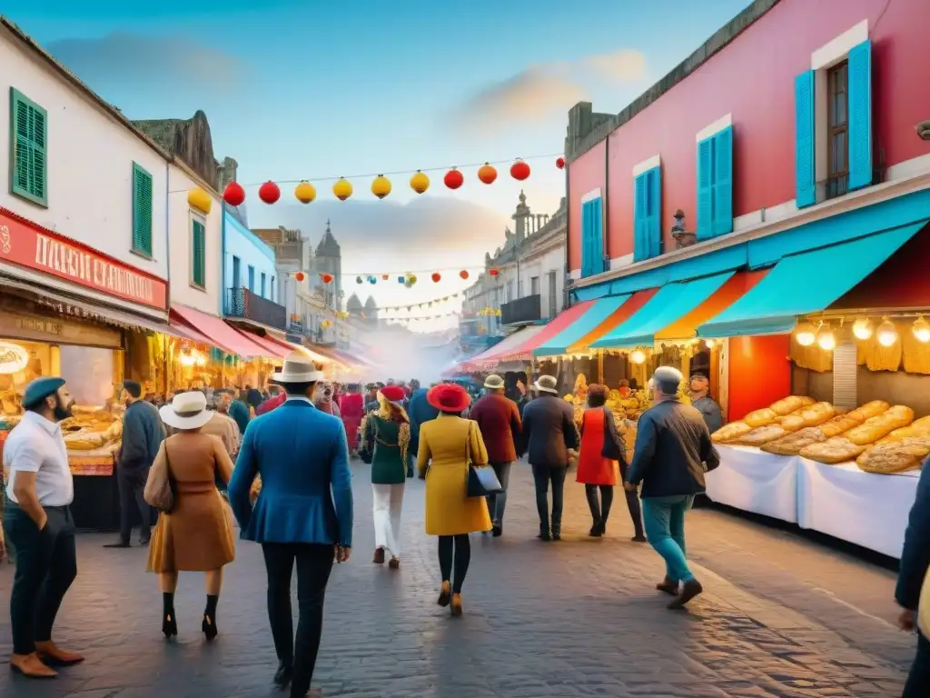 Carnaval en Uruguay: Colorida fiesta callejera con comida Criolla y baile Un bullicioso carnaval en Uruguay con cocina criolla y coloridos trajes festivos