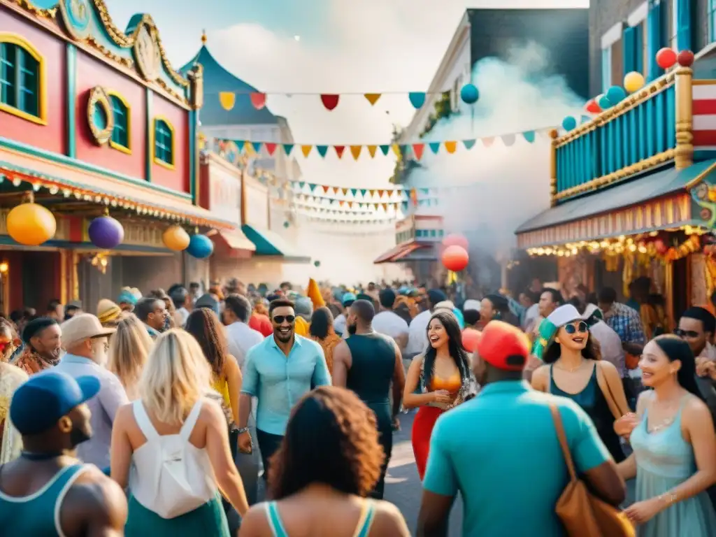Colorida fiesta callejera: Carnaval vibrante y alegre Un bullicioso Carnaval capturando la dinámica del Carnaval con colores vibrantes y celebraciones alegres