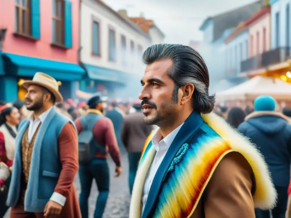 Colorido Carnaval en Uruguay: pintura acuarela vibrante Un bullicioso Carnaval Uruguayo capturado en vibrante arte urbano