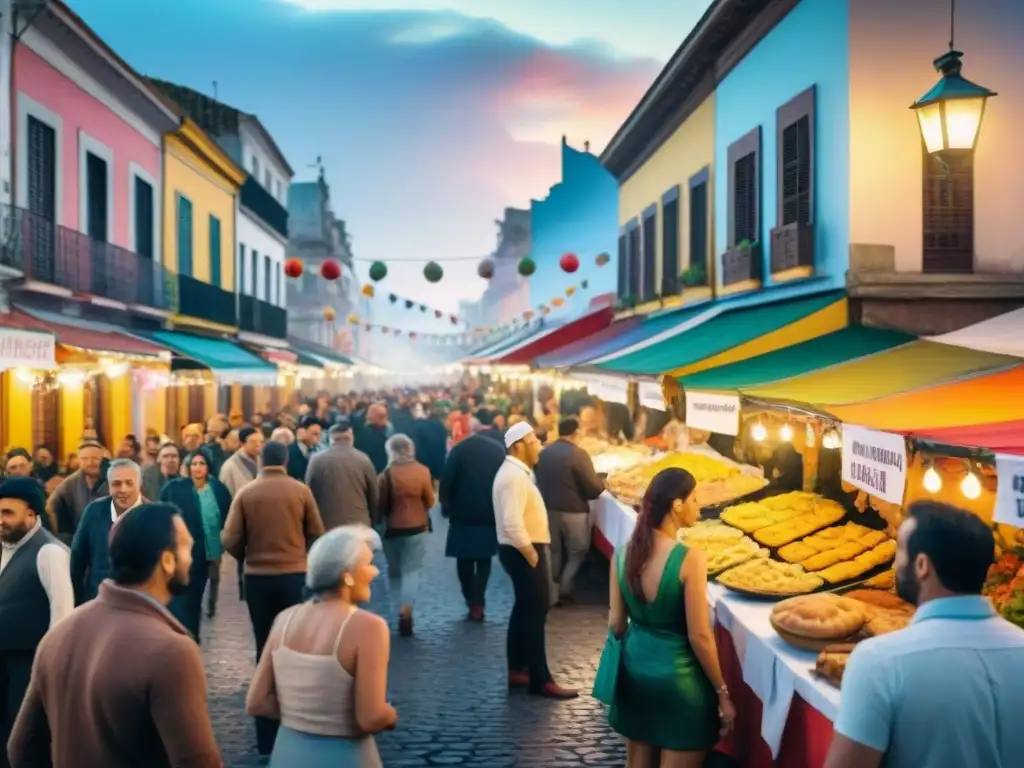 Escena vibrante del Carnaval Uruguayo con delicias culinarias Un bullicioso Carnaval Uruguayo con coloridas carretas de Gastronomía del Carnaval Uruguayo