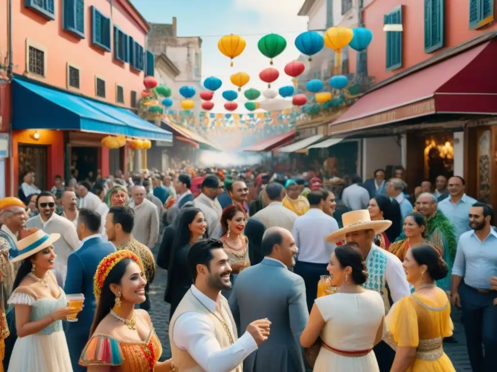 Carnaval Uruguayo: pintura acuarela de calle festiva Un bullicioso desfile durante el Carnaval Uruguayo con impacto económico