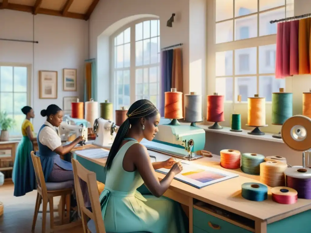 Taller de Diseño de Carnaval: Creatividad y Colaboración Un bullicioso taller de costura para carnaval, lleno de color, creatividad y colaboración entre costureras y sastres apasionados