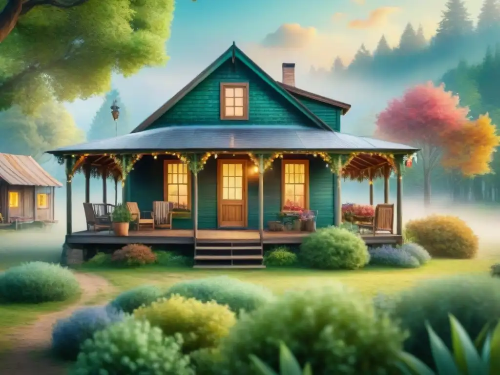 Cabaña rural en fiesta: acogedora escapada campestre Una cabaña rural acogedora rodeada de naturaleza vibrante con confeti, ideal para alojamiento rural cerca eventos Carnaval