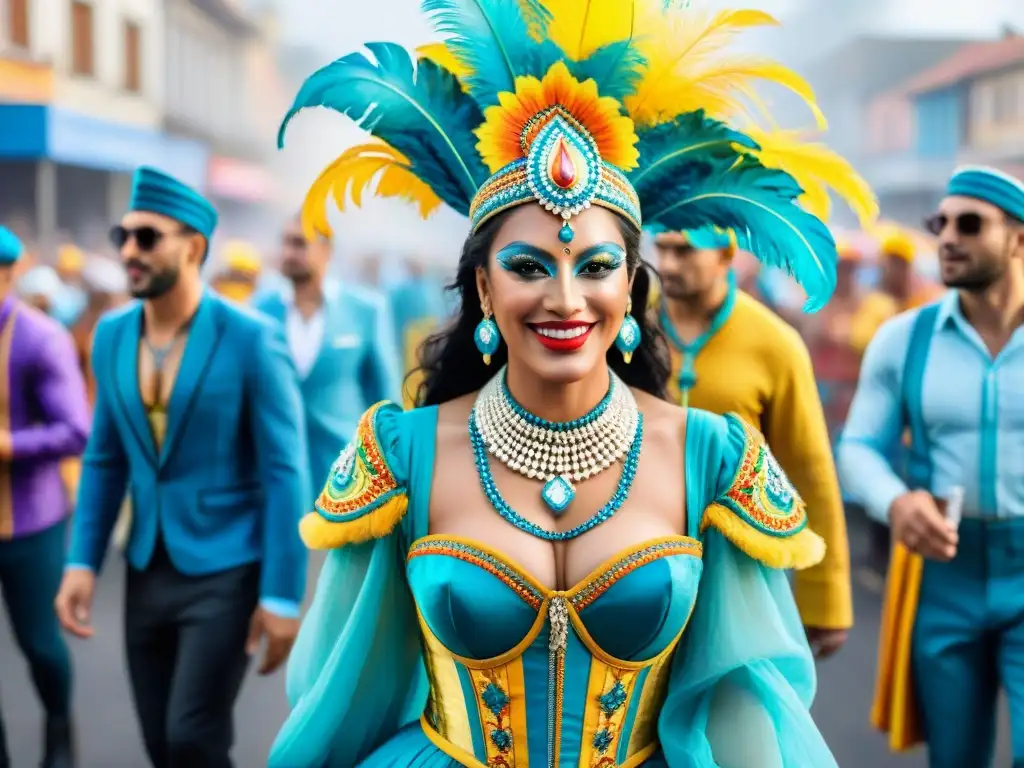 Deslumbrante Carnaval en Uruguay: colores y alegría Calendario eventos Carnaval Uruguayo: Detallada pintura acuarela de vibrante desfile de Carnaval en Uruguay