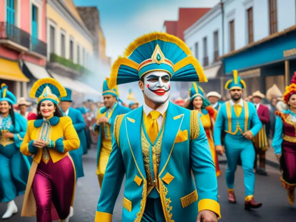 Carnaval uruguayo: danza, color y alegría Calendario eventos Carnaval Uruguayo: Una colorida procesión de carnaval en Uruguay con trajes, bailes y música tradicional