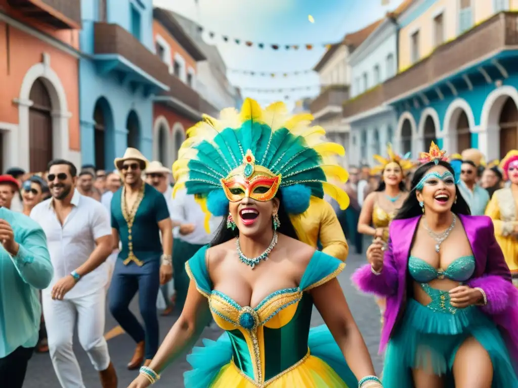 Animado Carnaval en Uruguay: colores, música y baile Una calle bulliciosa en Carnaval Uruguay: gente con trajes festivos, danzas tradicionales y carros alegóricos