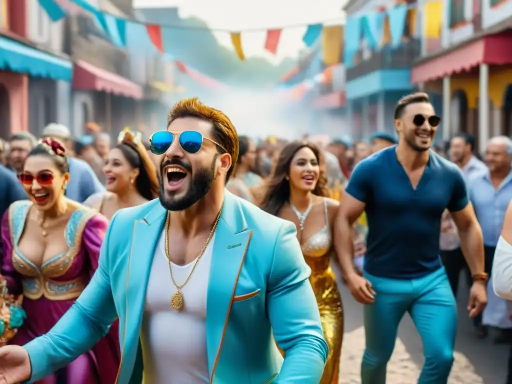 Colorido carnaval en Uruguay: energía y alegría Una calle de carnaval en Uruguay llena de coloridos trajes y festividad