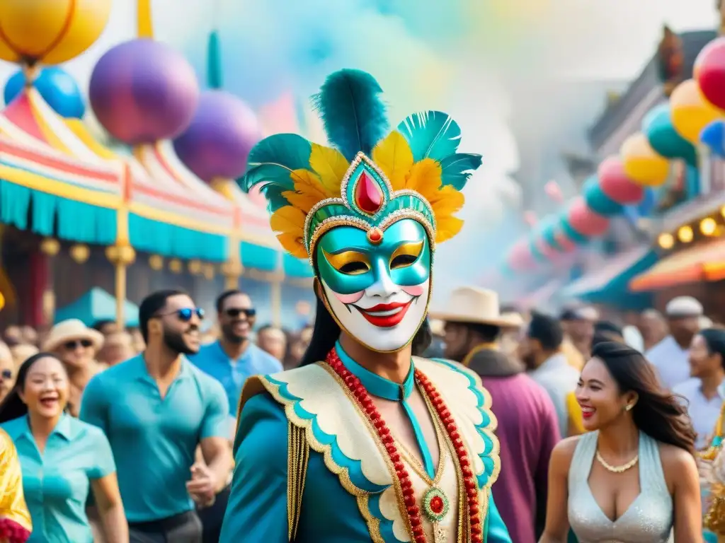 Desfile de Carnaval: Explosión de color y alegría Una calle de carnaval vibrante en Uruguay, con desfiles coloridos y espectadores alegres