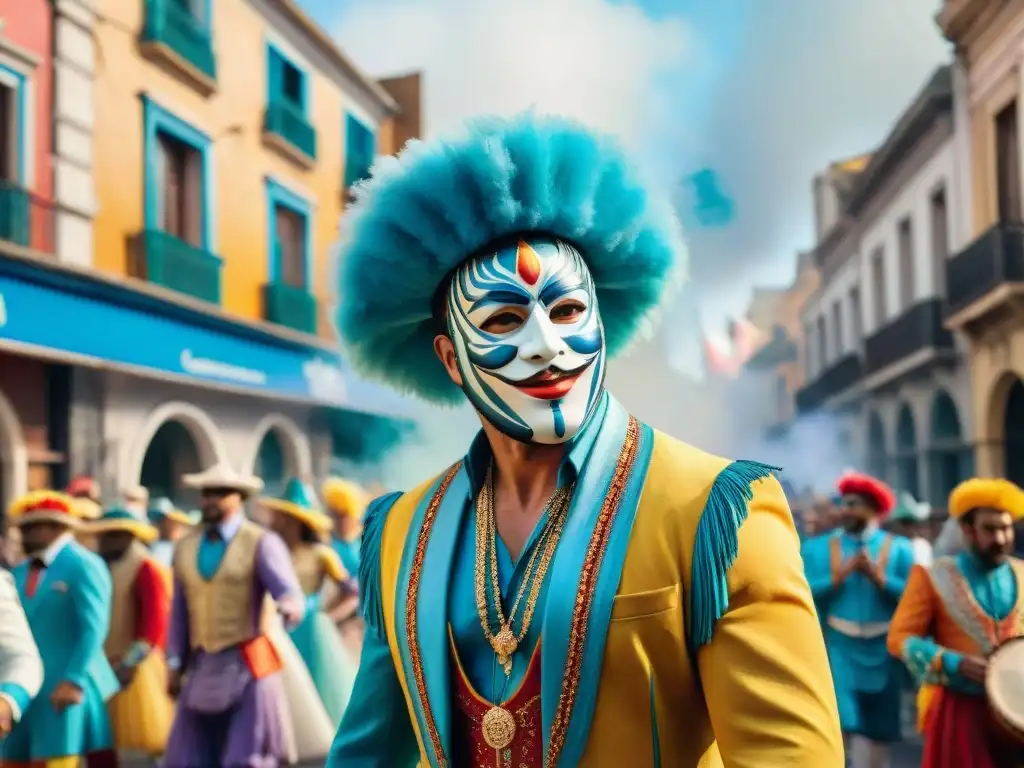 Desfile de Carnaval en Uruguay: color y alegría en las calles Una calle uruguaya llena de vida durante el Carnaval: coloridos trajes, música y confeti