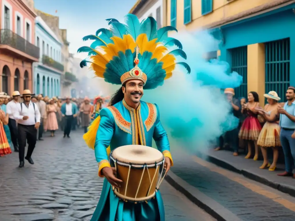 Deslumbrante baile callejero en el Carnaval de Uruguay Un callejón secreto del Carnaval Uruguayo: un artista en un traje deslumbrante bailando mientras la multitud observa maravillada