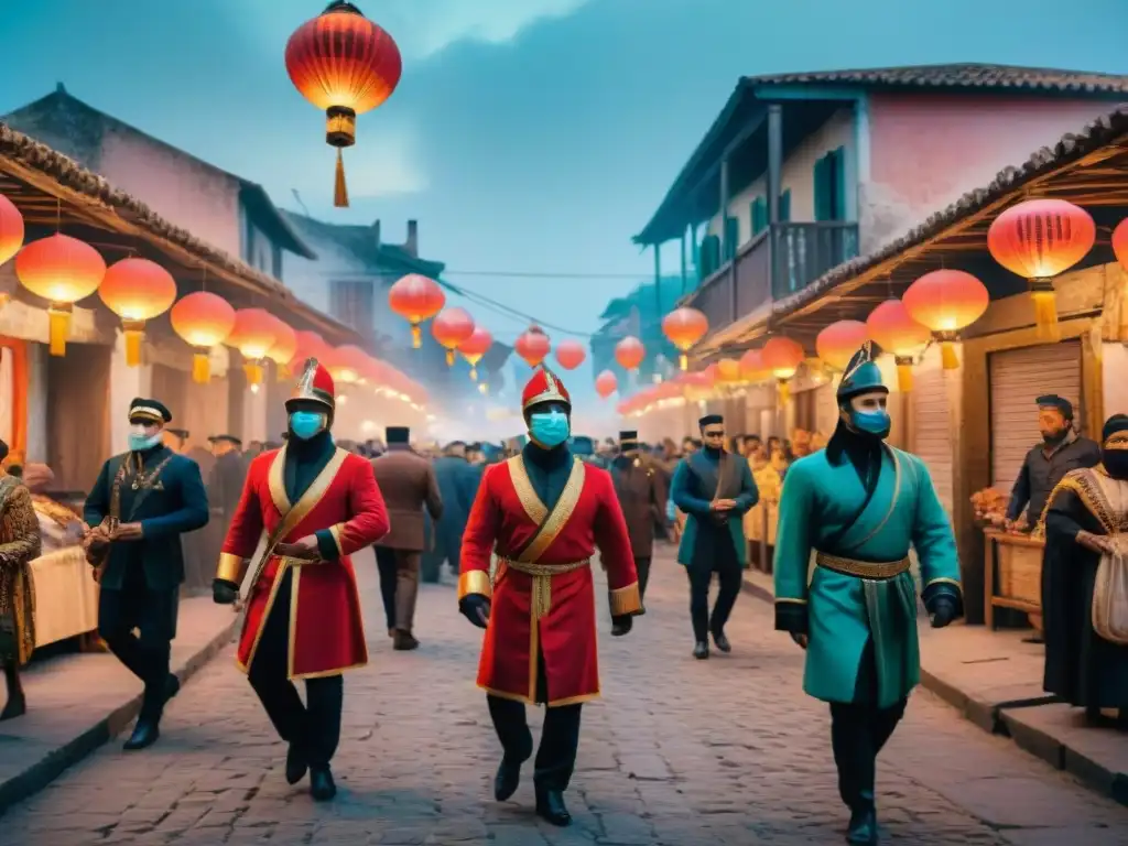 Pintura acuarela: Calles misteriosas de Ansina en Carnaval En las calles de Ansina, el Carnaval revela su historia secreta con figuras enmascaradas bajo faroles titilantes