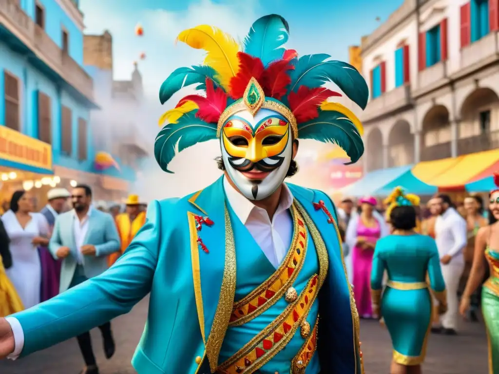 Carnaval de Uruguay: Calle festiva y colorida Calles vibrantes del Carnaval de Uruguay con gente colorida y máscaras tradicionales