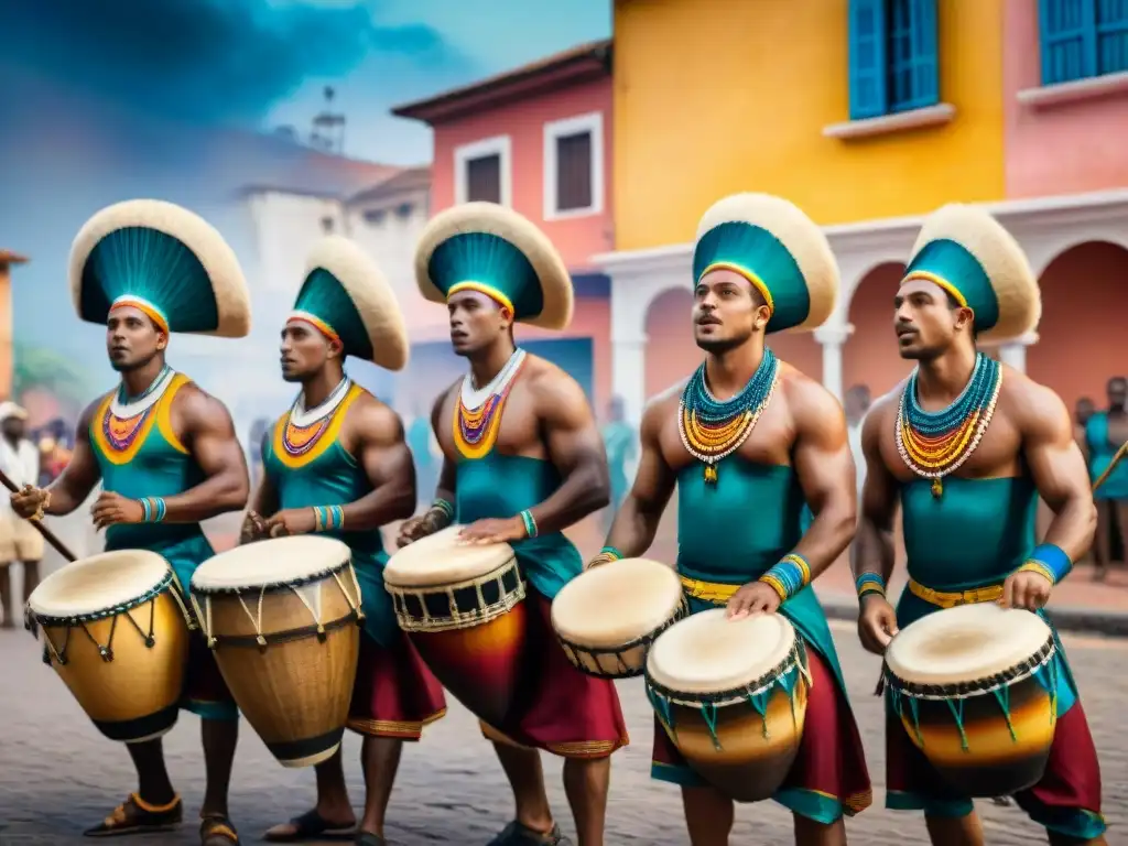 Apasionada percusión de Candombe bajo la luna Candombe drummers en la noche urbana, vibrante escena de música afro-uruguaya