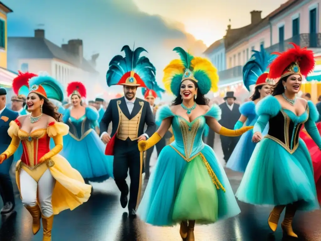 Pintura acuarela detallada del Carnaval en Uruguay Inversión Carnaval Uruguay beneficios: Pintura detallada de un bullicioso desfile de Carnaval en Uruguay