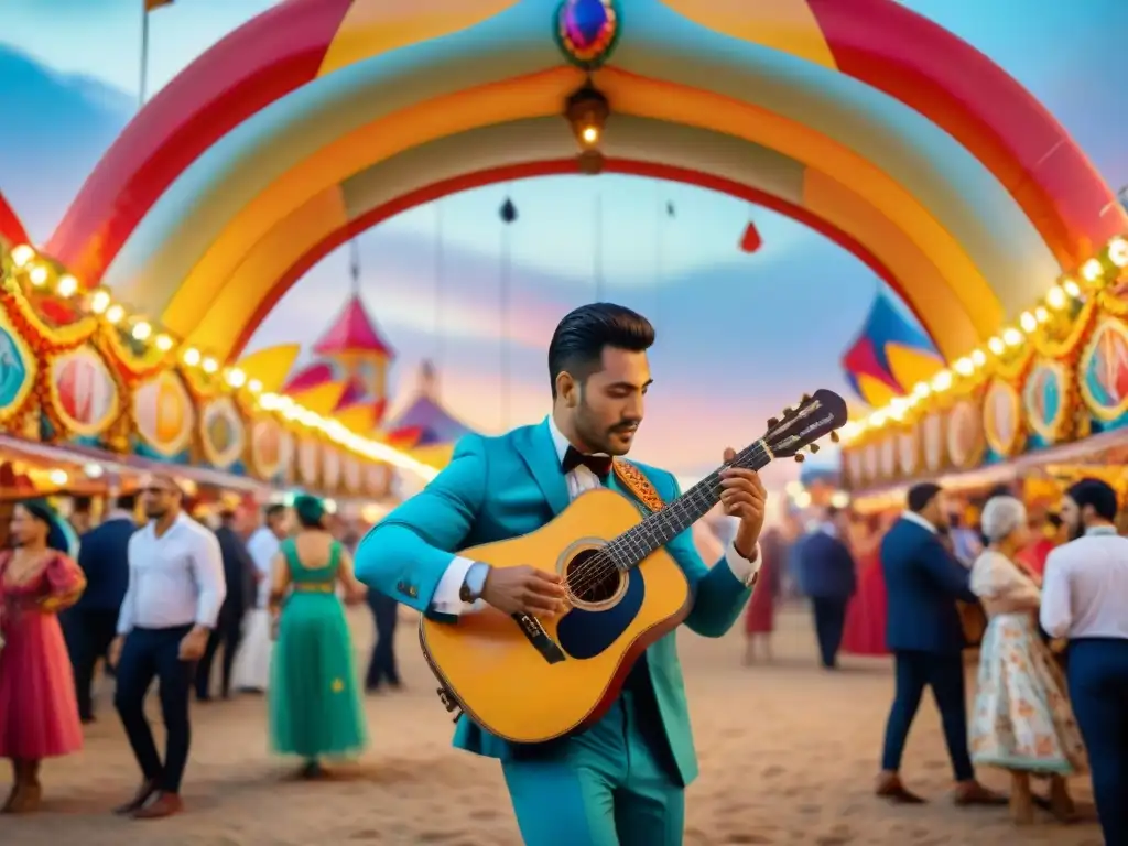 Pintura acuarela vibrante de Eduardo Mateo en carnaval uruguayo Eduardo Mateo revoluciona el Carnaval de Uruguay con su guitarra bajo un arco festivo colorido al atardecer