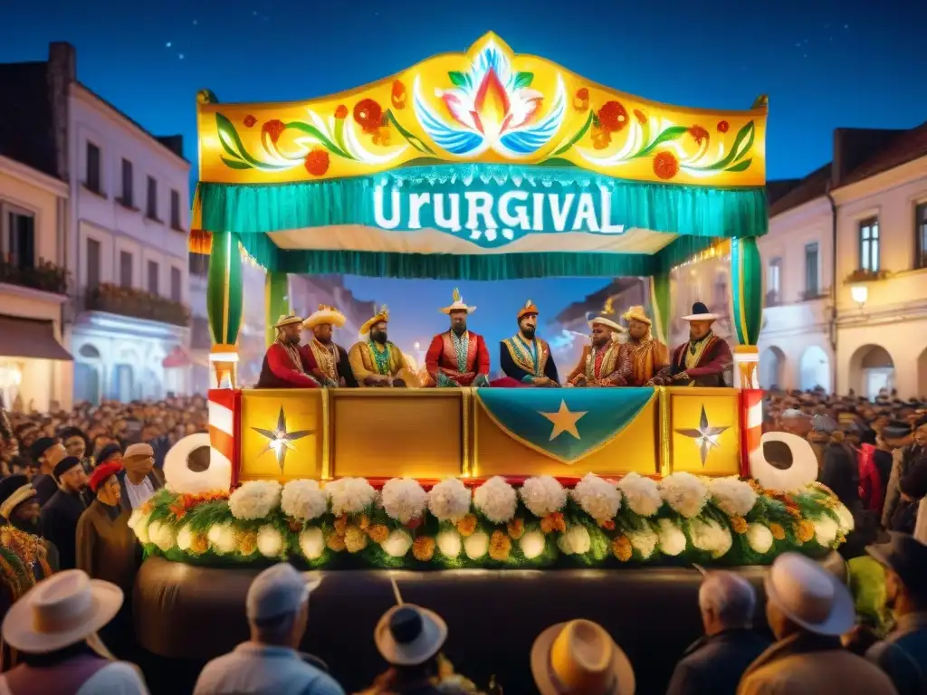 Float sostenible en Carnaval de Uruguay: acuarela vibrante Float del Carnaval de Uruguay sostenible con decoraciones florales y luces LED, rodeado de espectadores y edificios históricos