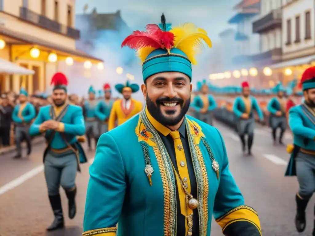 Desfile de Carnaval Uruguayo: colorido y festivo Patrocinar Carnaval Uruguayo beneficios: Colorido desfile con músicos, bailarines y público animado en las calles vibrantes