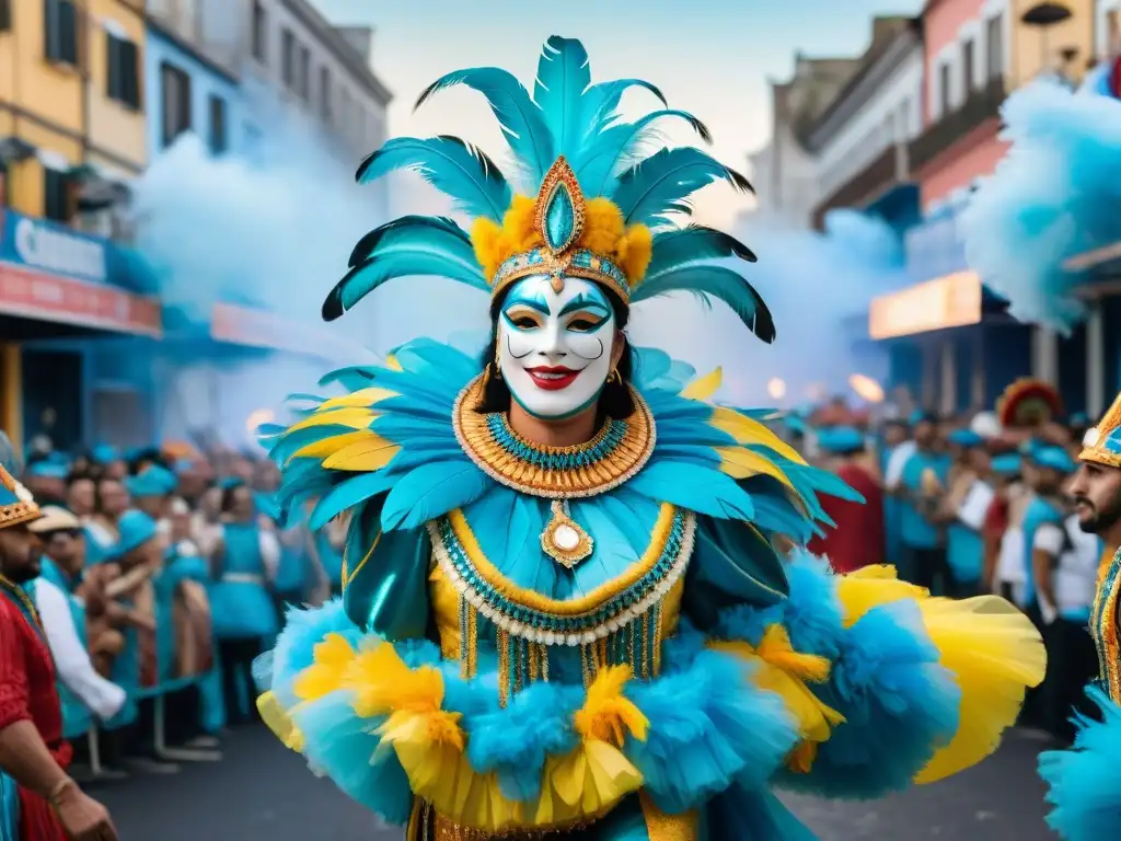 Desfile vibrante de carnaval en Uruguay Float del Carnaval Uruguayo: Innovación en el Branding con plumas coloridas, diseños intrincados y figuras animadas en acuarela