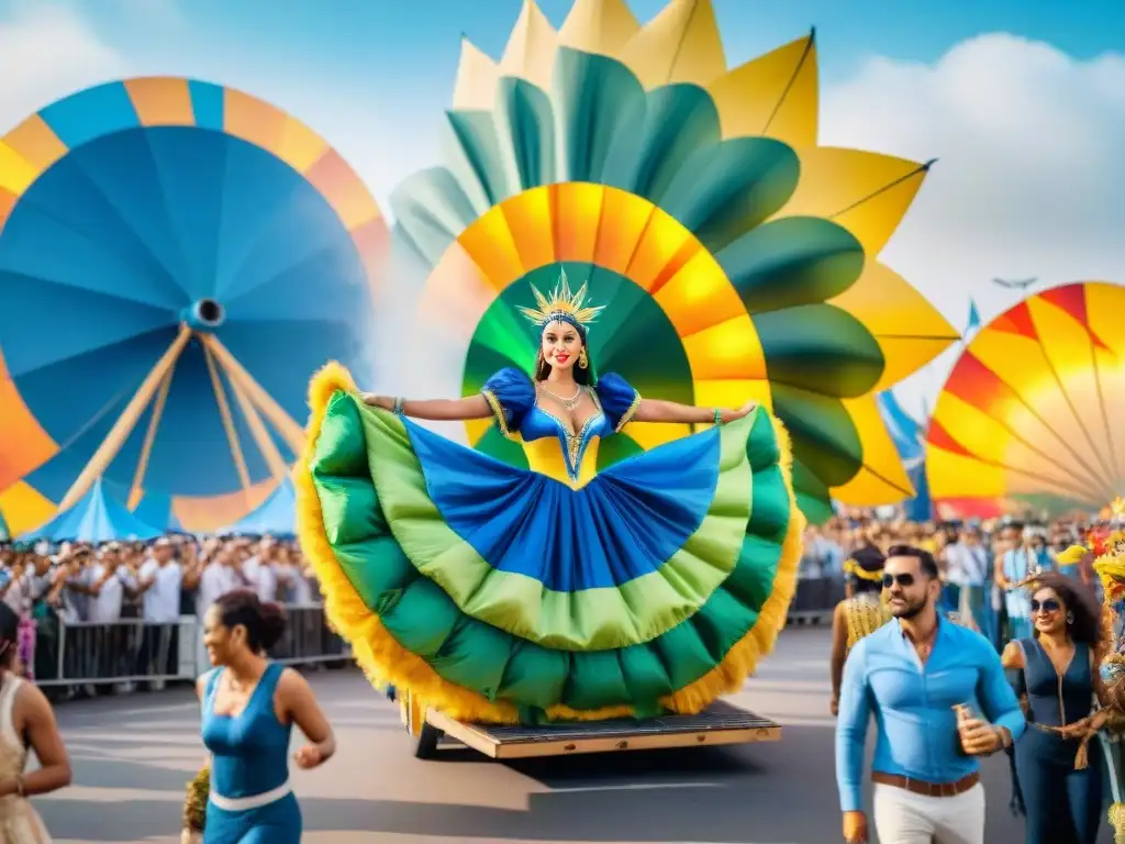Desfile eco-sostenible en el Carnaval de Uruguay Flotando en el Carnaval Uruguayo, una colorida carroza con energía renovable y bailarines alegres