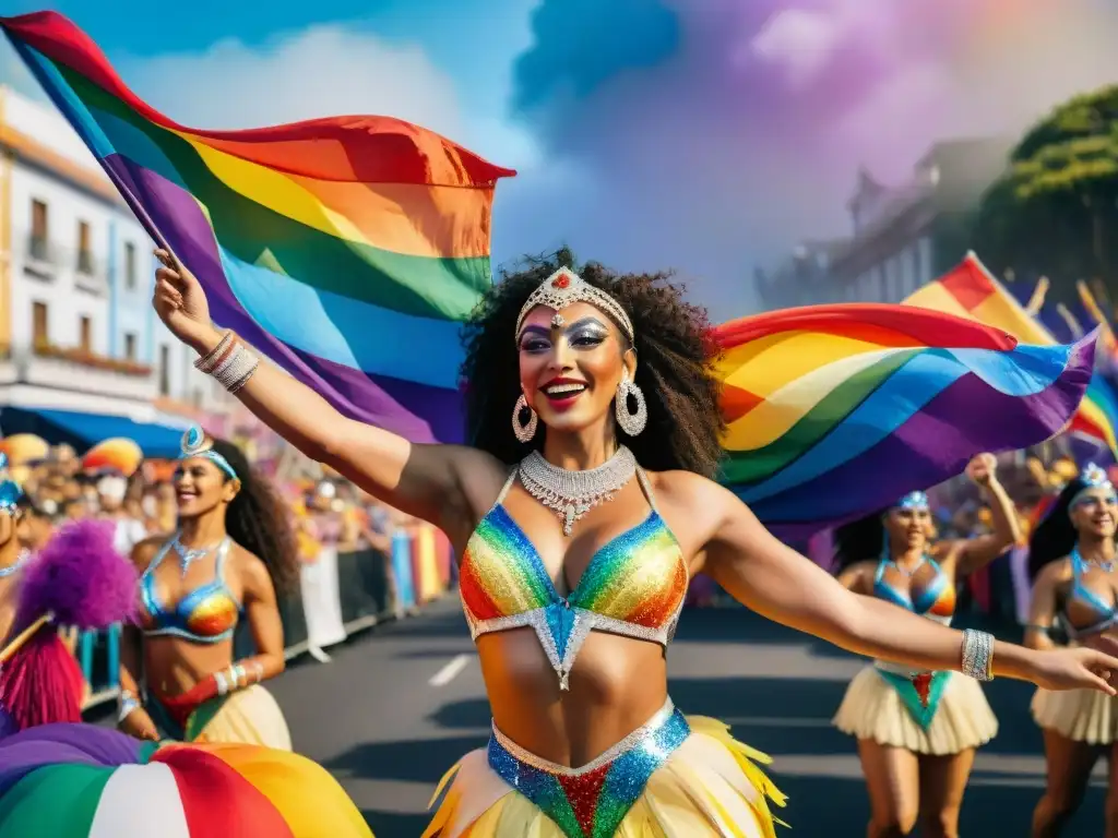 Desfile inclusivo y festivo en el Carnaval uruguayo Comparsas LGBT+ en Carnaval Uruguayo: Celebración colorida y festiva con danzas, banderas y alegría inclusiva