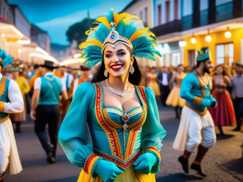 Cuadro acuarela del Carnaval de Uruguay: colorido y vibrante Fotografía del Carnaval Uruguayo: Coloridos bailarines y animada multitud en celebración tradicional