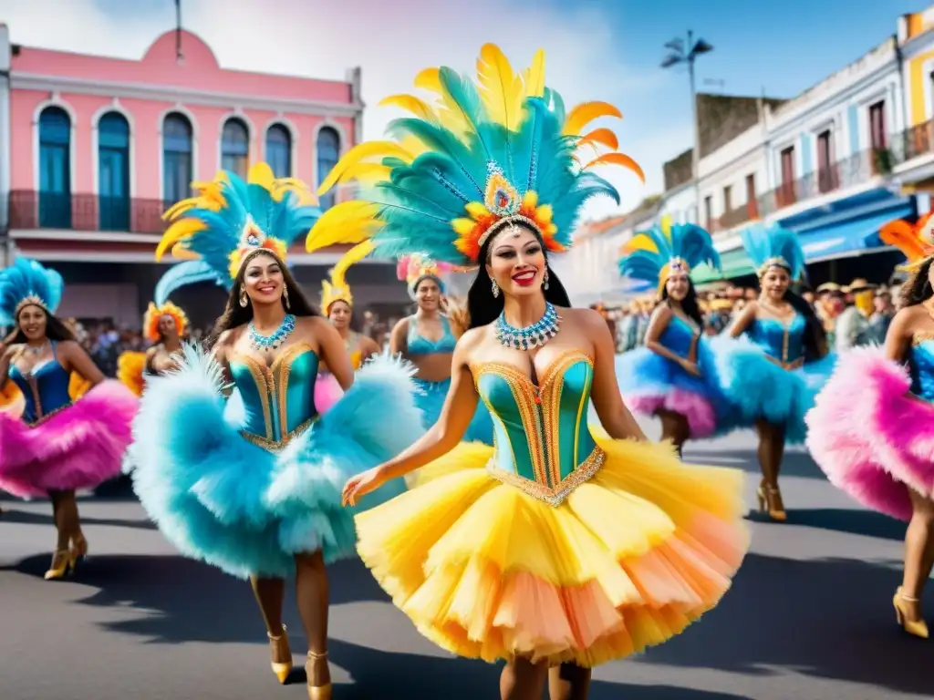 Carnaval en Uruguay: danza y colorido Fotografía del Carnaval Uruguayo: Desfile de bailarines con trajes brillantes y coloridos, bajo un cielo festivo