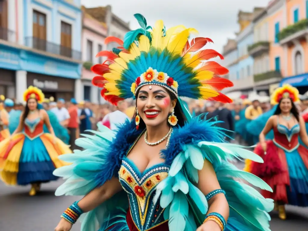 Pintura detallada del Carnaval en Uruguay: danzas, desfiles y emoción Fotografía del Carnaval Uruguayo: Desfile vibrante con danzas, disfraces y arquitectura histórica