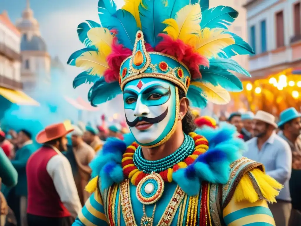 Deslumbrante Carnaval en Uruguay: danza, color y emoción Transformación artística Carnaval Uruguayo: Detallada pintura acuarela de vibrante desfile de Carnaval en Uruguay