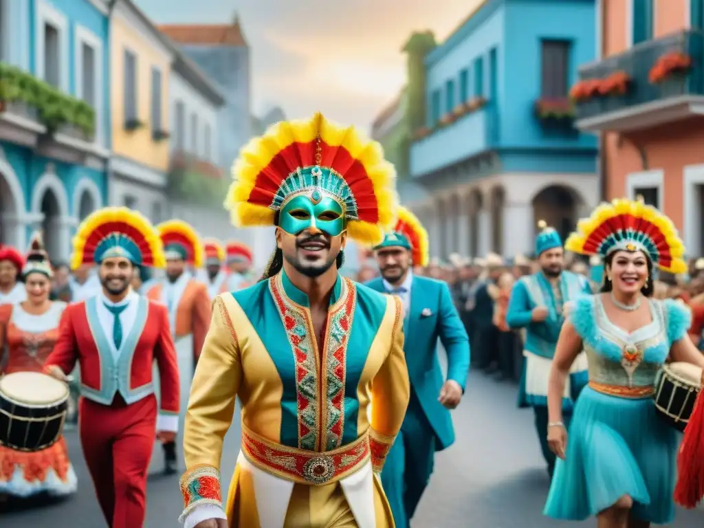 Carnaval en Uruguay: Desfile vibrante y colorido Transformación artística del Carnaval Uruguayo: ilustración acuarela 8k detallada de vibrante desfile con trajes coloridos y música en Uruguay