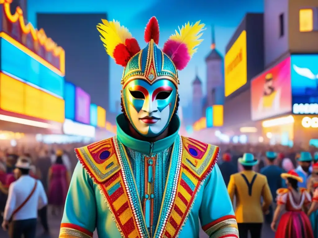 Comparsas y Murgas Uruguayas: Fusión Digital en Carnaval Transformación del Carnaval Uruguayo en digital: Comparsas y murgas tradicionales fusionadas con elementos digitales en un ambiente futurista vibrante