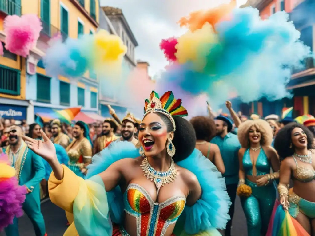 Colorida diversidad en Carnaval LGBT+ Uruguayo Comparsas LGBT+ en Carnaval Uruguayo: Personas diversas celebran con alegría y color en desfile de Carnaval