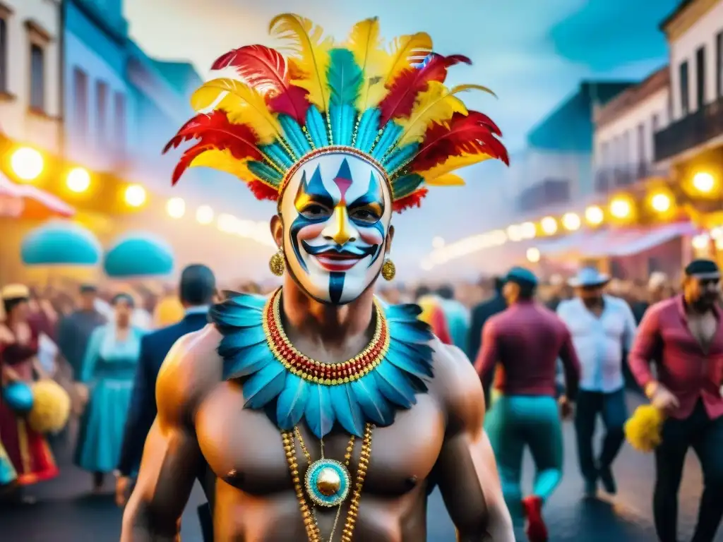 Vibrante carnaval uruguayo: danzas, música y alegría Celebra el Carnaval Uruguayo: guía viajero curioso en vibrante ilustración acuarela de bulliciosa calle durante la festividad