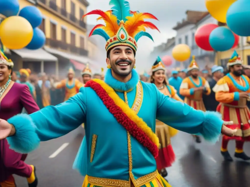 Deslumbrante Carnaval en Uruguay: pintura acuarela detallada Transformación artística del Carnaval Uruguayo: un vibrante desfile capturado en acuarela, con floats y bailarines coloridos