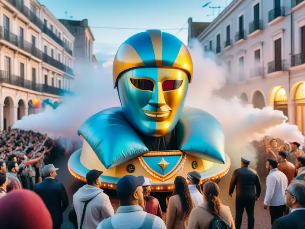 Float futurista en el Carnaval de Uruguay: tradición e innovación Un carro alegórico futurista en el Carnaval Uruguayo con tecnología innovadora y coloridos participantes en trajes festivos