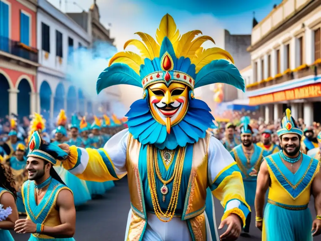 Deslumbrante carro alegórico del Carnaval uruguayo Un carro alegórico vibrante del Carnaval Uruguayo, con diseños míticos y músicos